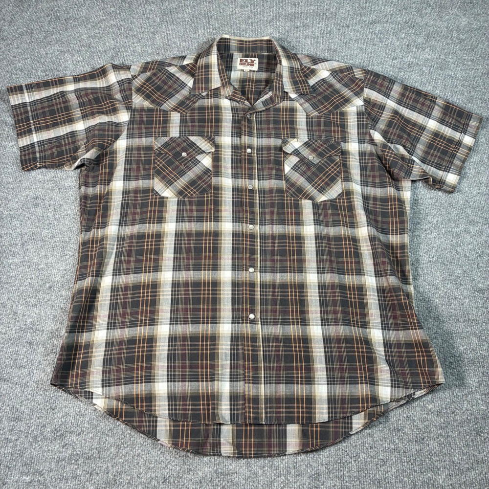 Ely Cattleman Western Shirt Mens XL Brown Plaid Pearl Snap Short Sleeve Cowboy